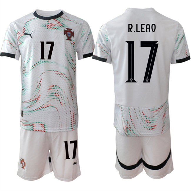 Men's Portugal Team #17 Rafael Leão 2025 White Away Soccer Jersey Suit